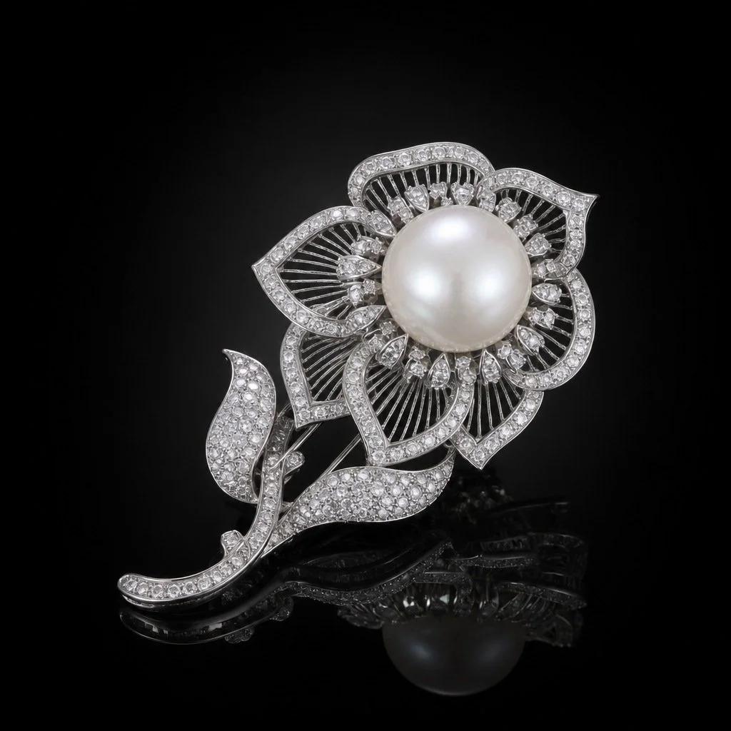 Vintage Natural Pearl and Diamond Flower Brooch, 18KT White Gold, 1970s