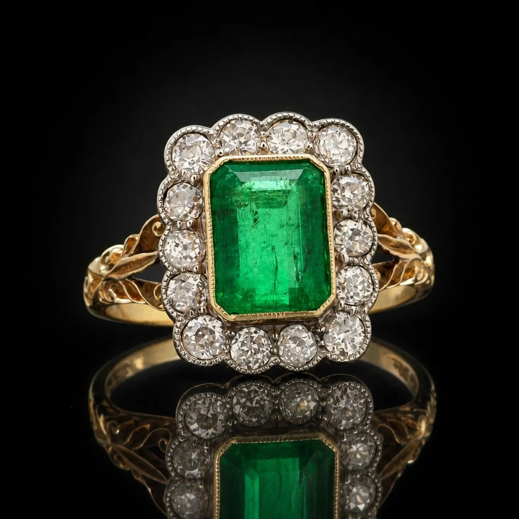 French Art Deco Colombian Emerald & Diamond Cluster Ring, Approx. 2.00 ct