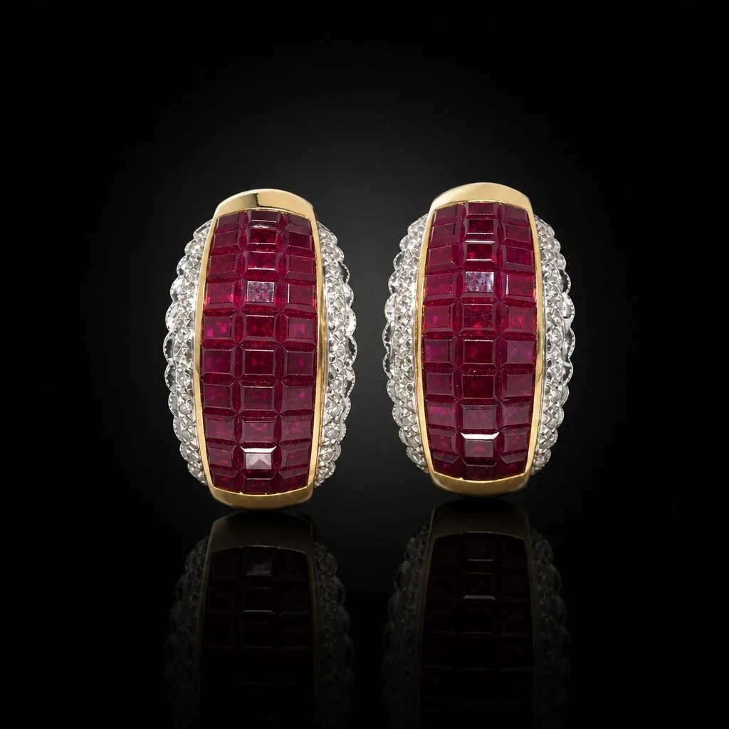 18KT Yellow Gold Natural Ruby & Diamond Clip-On & Studs Convertible Earrings