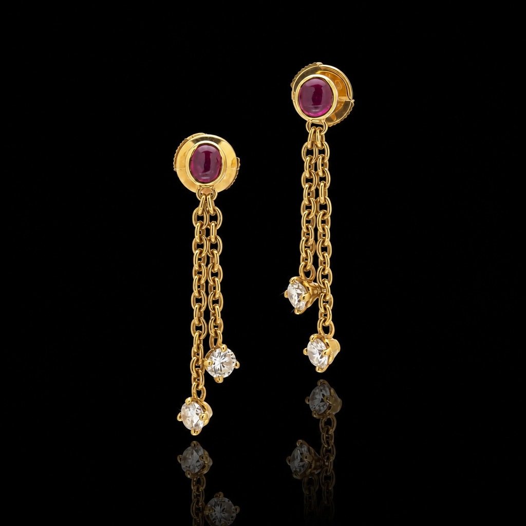 Ruby Cabochon and Diamond Drop Earrings, 18KT Yellow Gold