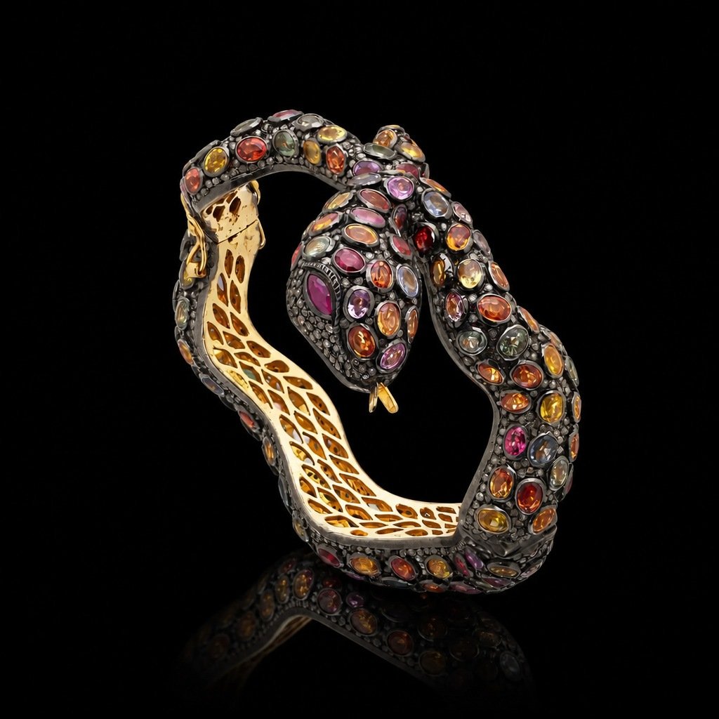 Serpent Bangle in Silver and Silver Gilt, Multi Coloured Sapphires and Rose Cut Diamonds