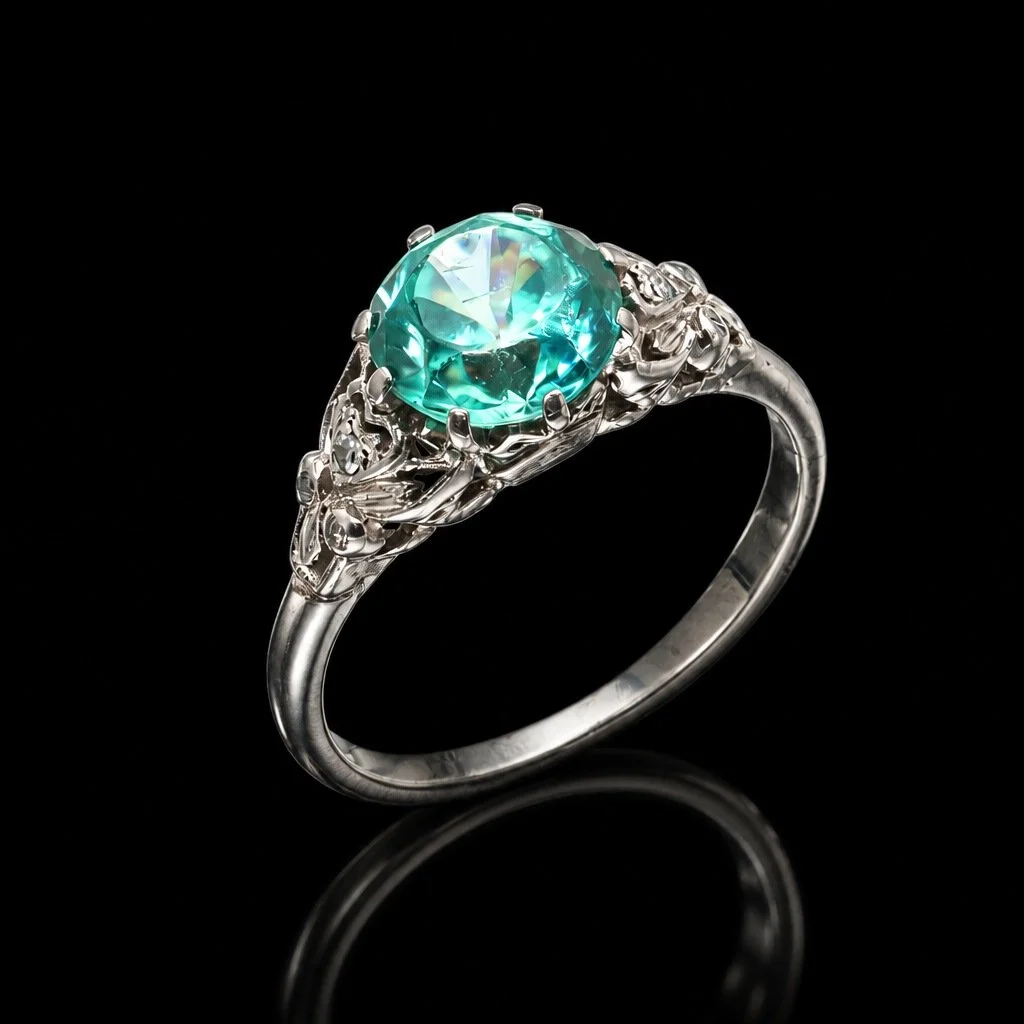 Vintage 1950s Blue Zircon and Diamond Ring, 18KT White Gold