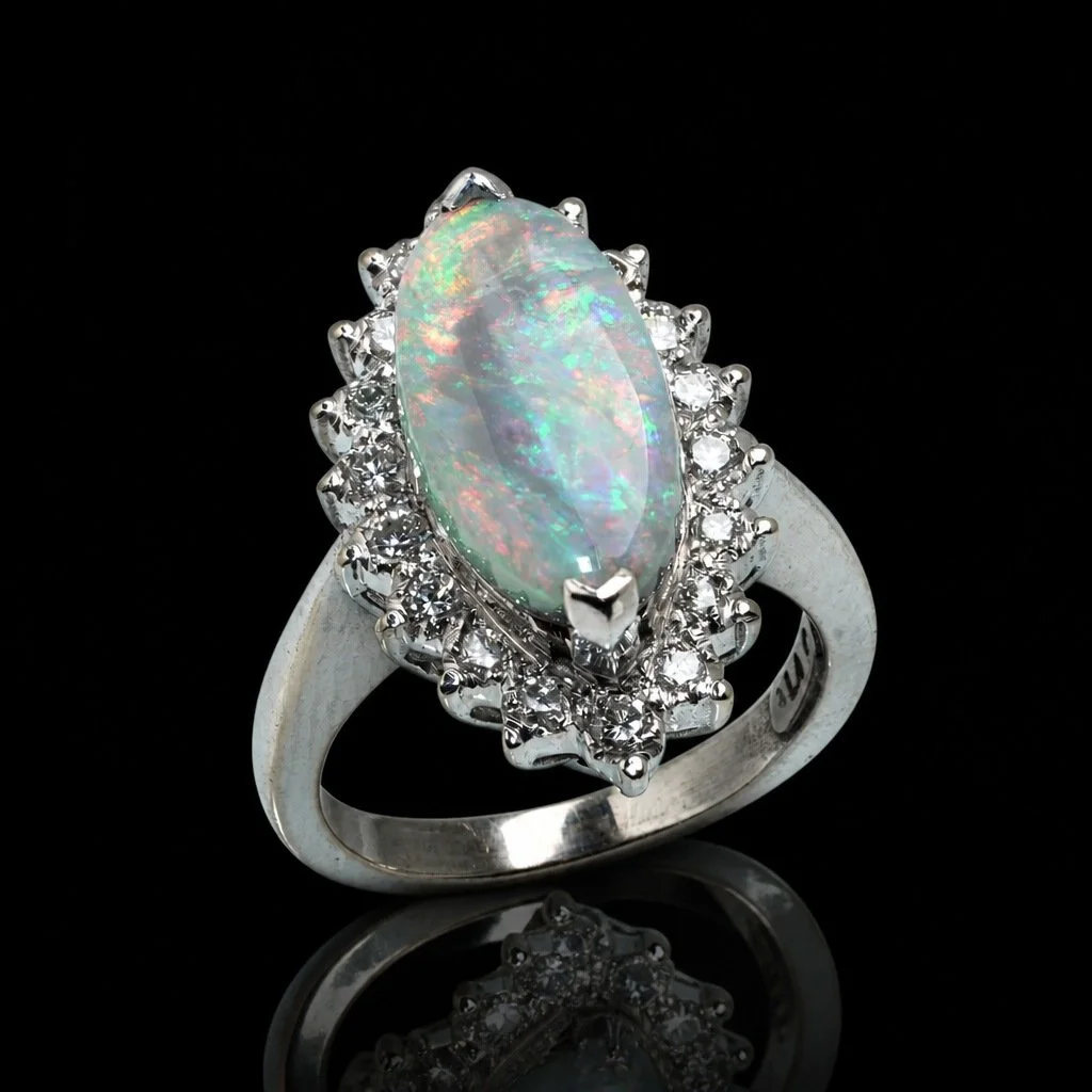 Vintage 14KT White Gold Opal and Diamond Cluster Ring