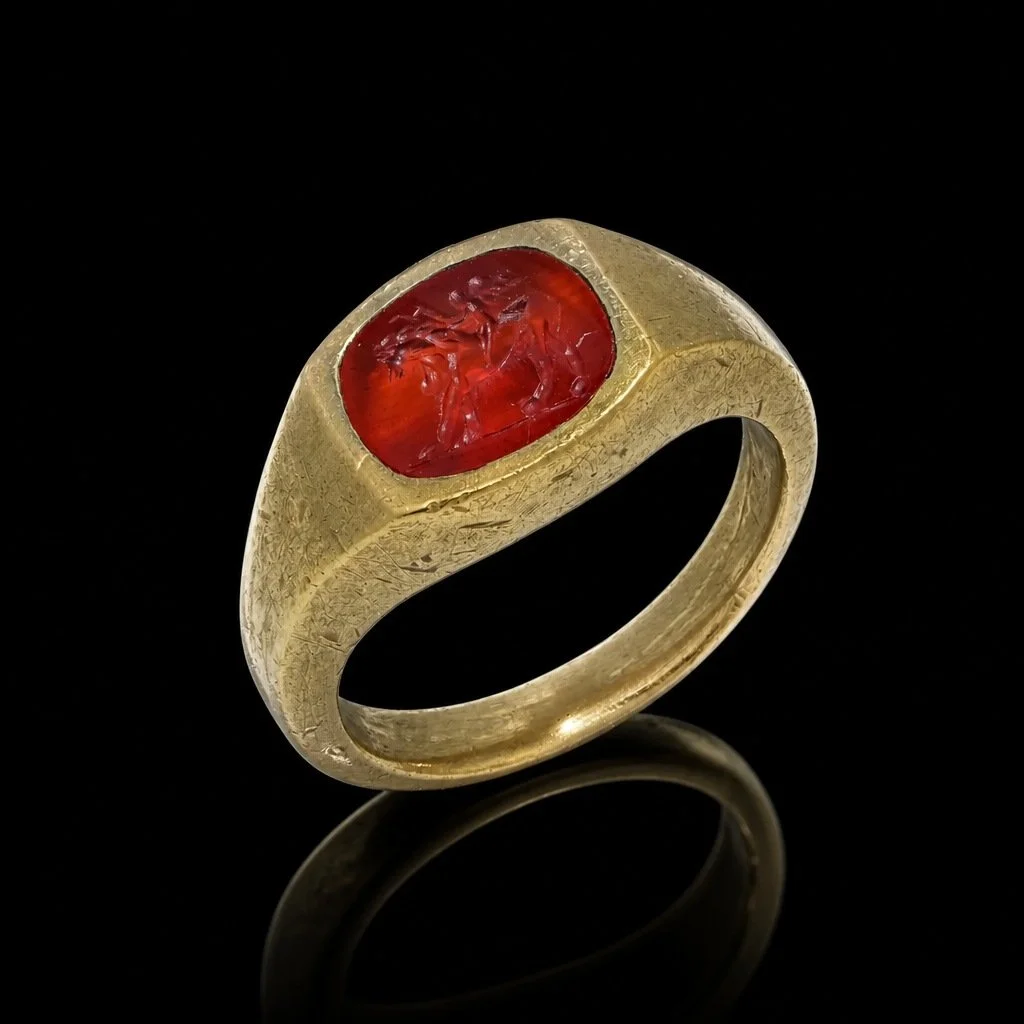 22KT Gold Ring with Roman Carnelian Intaglio of Cupid Riding a Lion