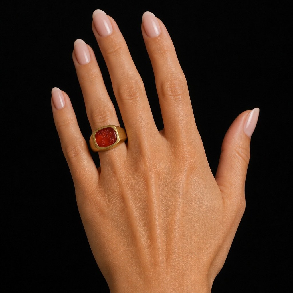 22KT Gold Ring with Roman Carnelian Intaglio of Cupid Riding a Lion, worn