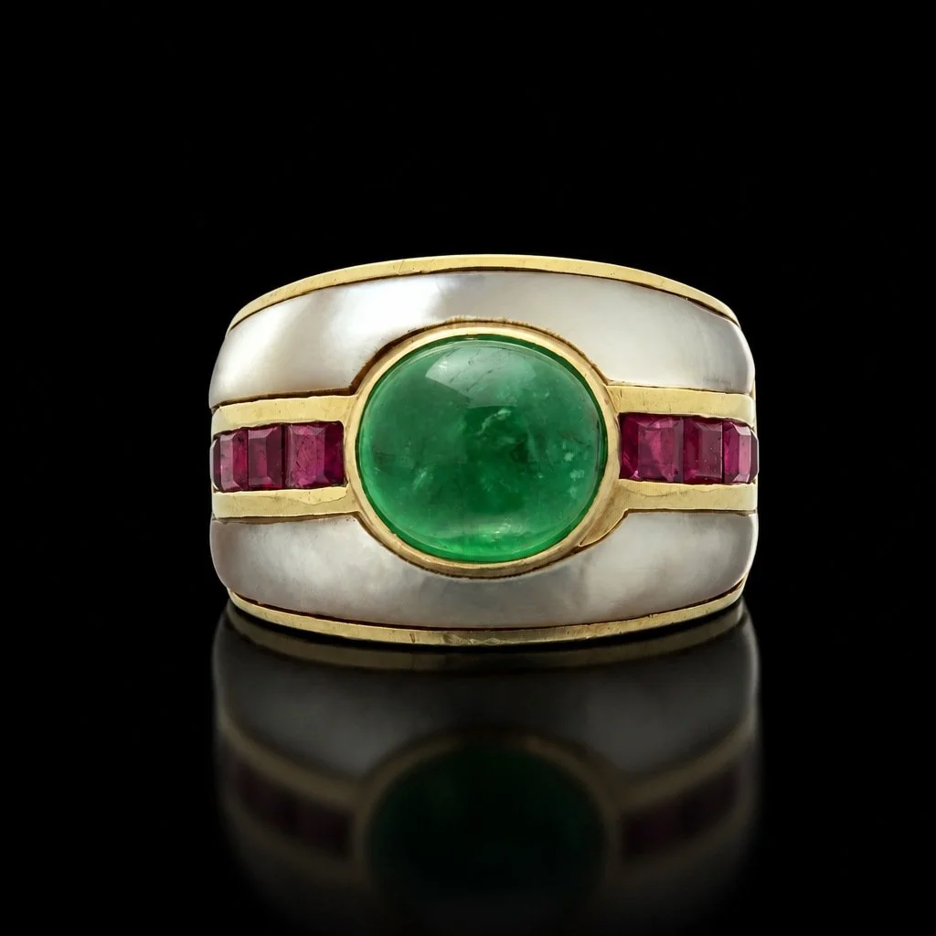 14KT Gold Cabochon Emerald, Ruby and Mother of Pearl Band Ring