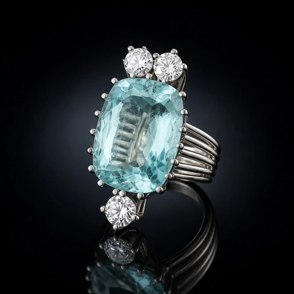 14KT White Gold Aquamarine and Diamond Cocktail Ring, 10 ct Aquamarine
