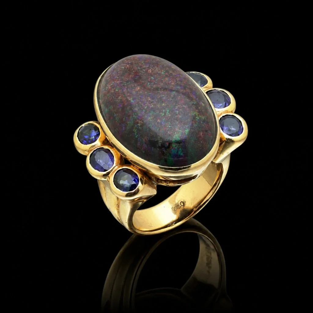 Vintage 1970s 18KT Gold Opal and Sapphire Cocktail Ring