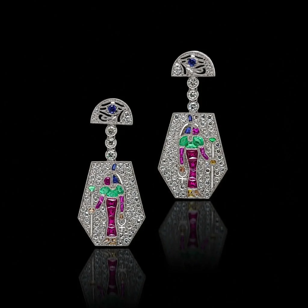 Platinum Egyptian Revival Ruby, Emerald, Sapphire and Diamond Drop Earrings