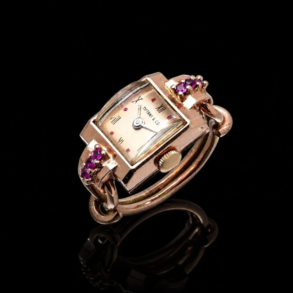 Tiffany & Co. 14KT Rose Gold Ruby Cocktail Ring Watch, Wyler Movement, Circa 1960s