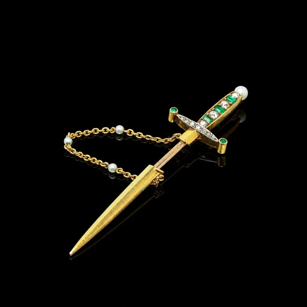 Antique French 18KT Gold Emerald and Rose Cut Diamond Sword Jabot Pin