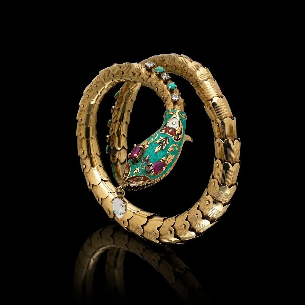 Vintage 14KT Gold Serpent Bracelet, Turquoise Enamel, Ruby, Opal and Diamond