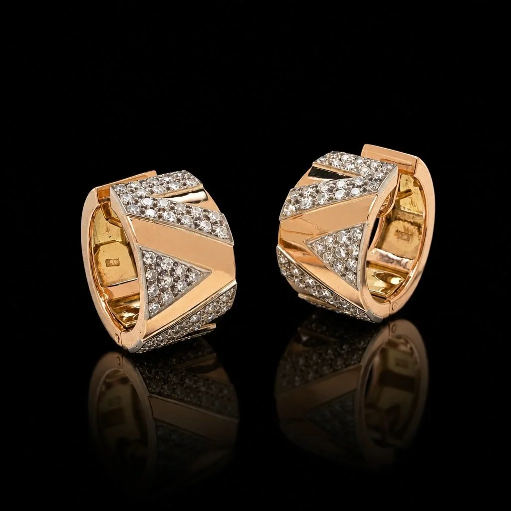 Vintage Diamond Hoop Earrings, 18KT Rose Gold, 1970s