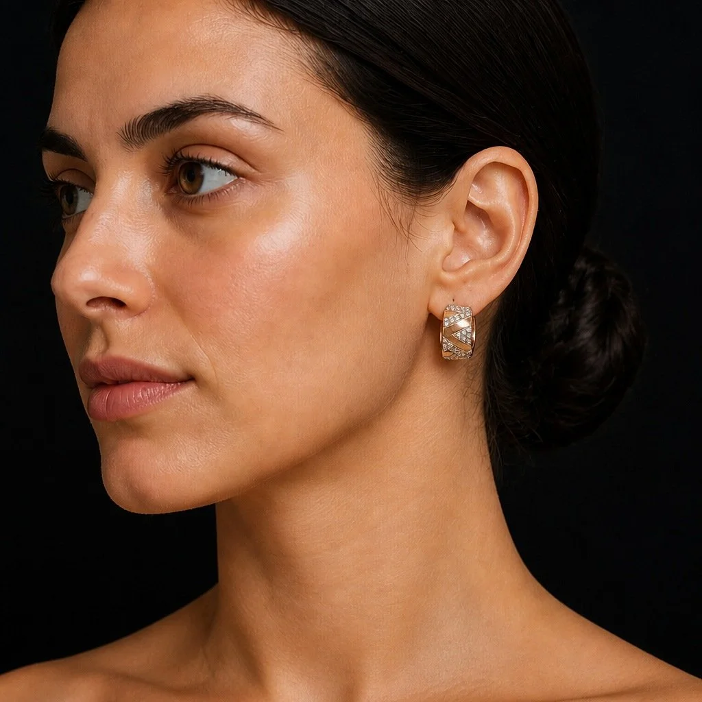 Vintage Diamond Hoop Earrings, 18KT Rose Gold, 1970s, worn
