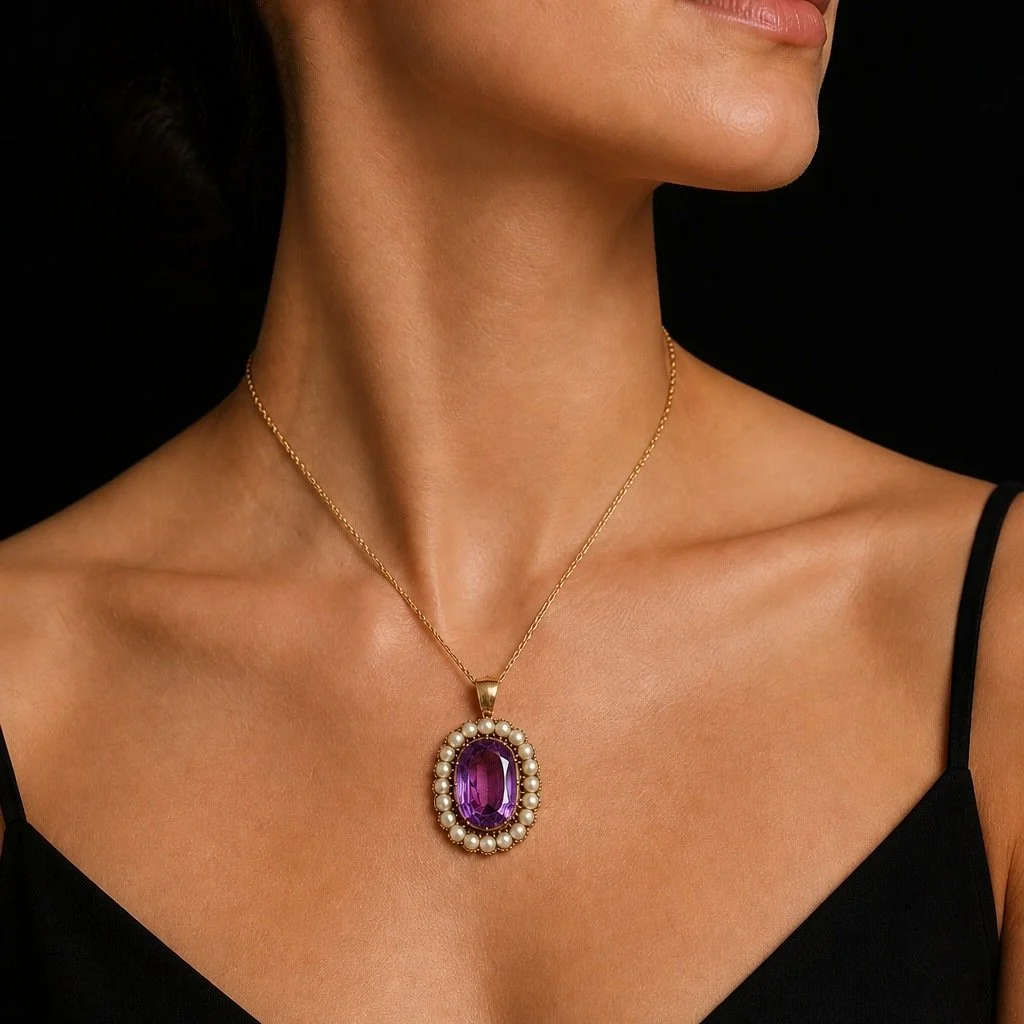9KT Gold Amethyst and Freshwater Pearl Cluster Pendant, worn