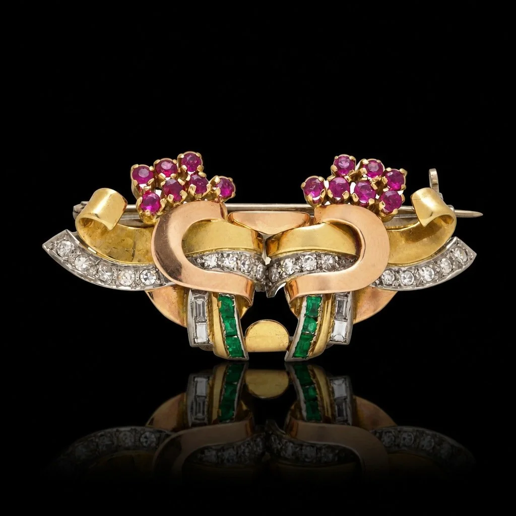 Retro Ruby, Emerald & Diamond Double Clip Brooch, 18KT Gold