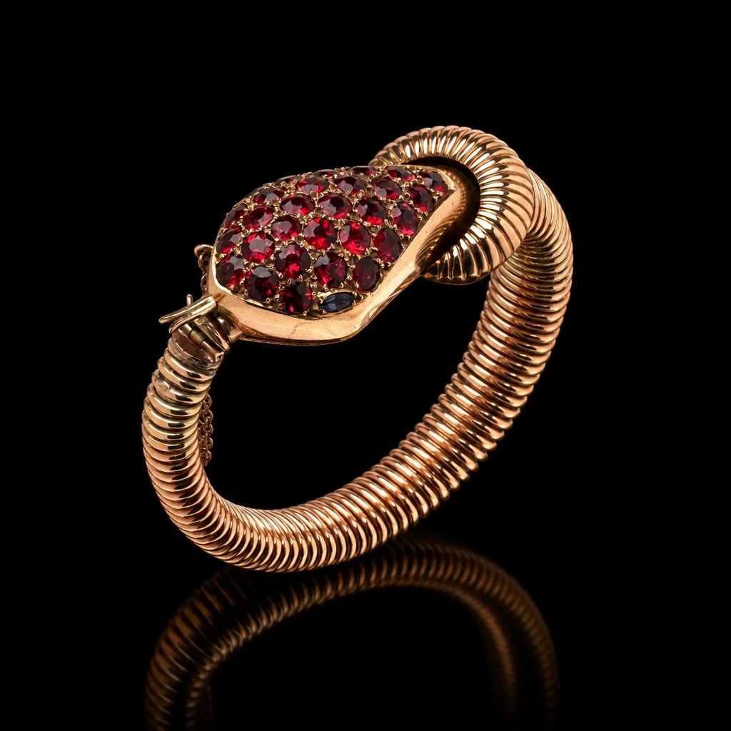 Vintage 9KT Gold Garnet-Set Snake Bracelet Watch, Circa 1950s