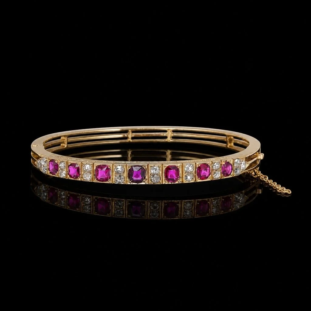 Victorian Burma Ruby and Diamond Bangle, 18KT Gold, c. 1880