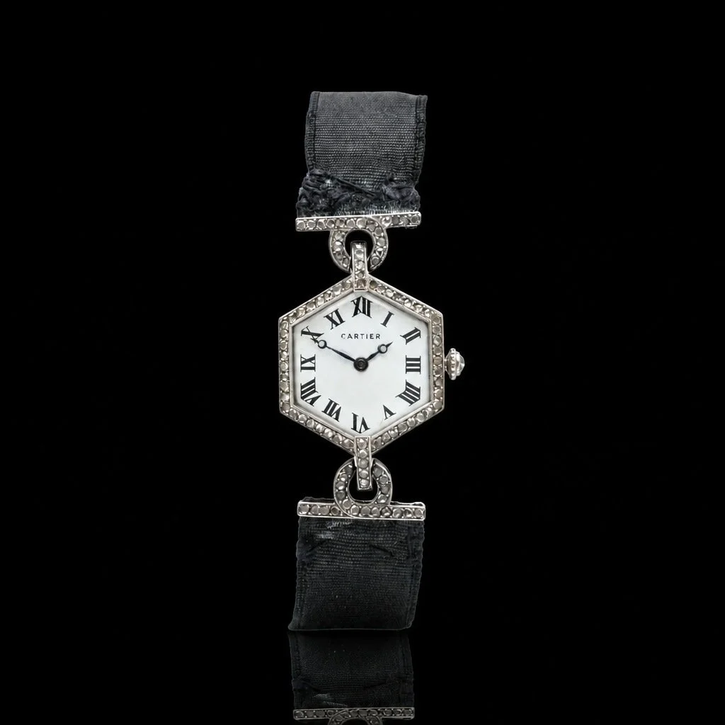 Cartier Paris Hexagonal Platinum Diamond Wristwatch, Circa 1913, Published