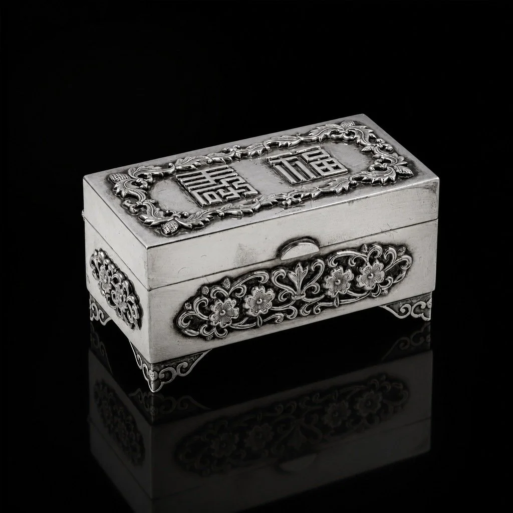 Chinese Silver Box with Floral Relief, Early to Mid 20th Century