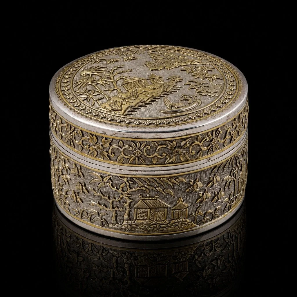 Vietnamese Colonial Silver-Gilt Round Box VINH-SADEC