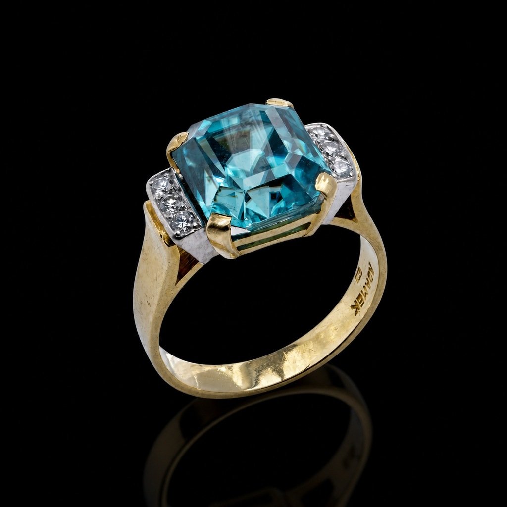 SOLD - 18KT Gold Blue Zircon Ring with Diamond Accents by Adamek