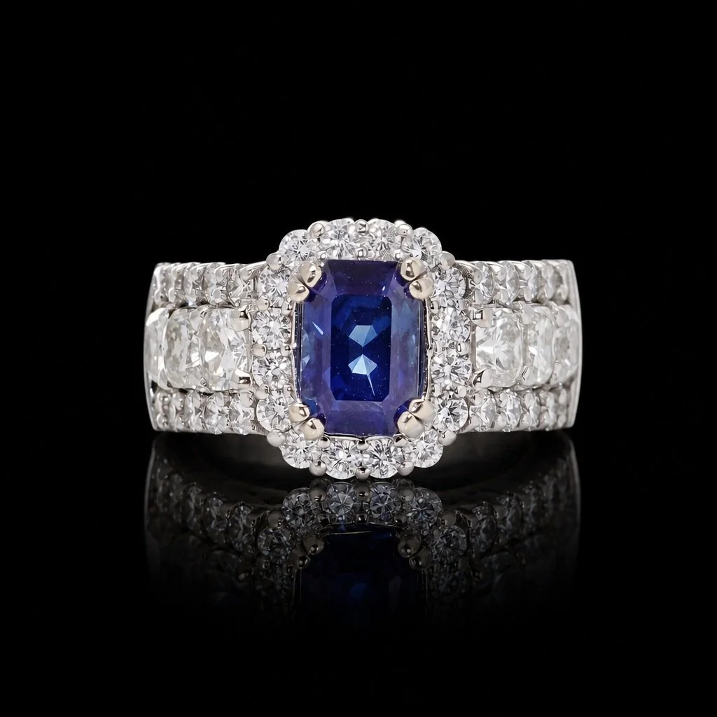 18KT Gold Cluster Ring with 2.81ct Natural Sapphire & Diamonds