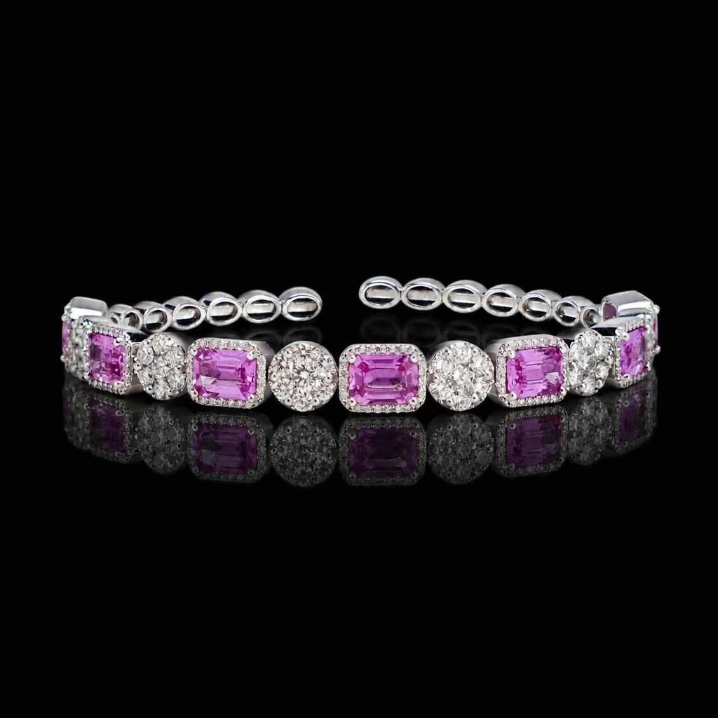 18KT White Gold Bangle with Natural Pink Sapphires and Diamonds