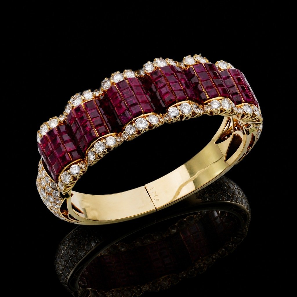 Simon Rudle 14KT Gold Ruby and Diamond Bangle, 18.00 ct Rubies