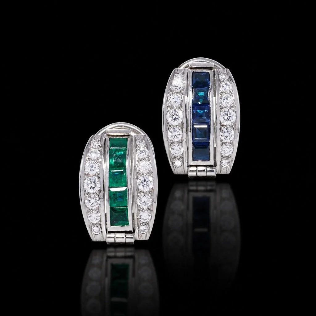 Tiffany & Co. platinum reversible earrings, sapphire, emerald and diamond