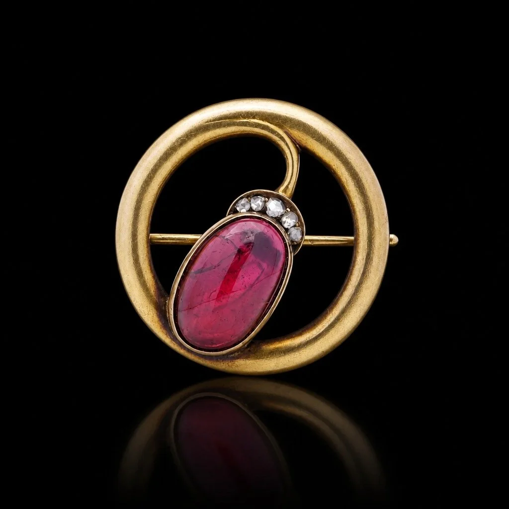 Karl Faberge Brooch 14KT gold oval cabochon amethyst and diamond.
