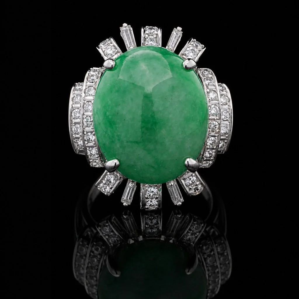 Vintage White Gold Cluster Ring with 23.10ct Jade & Diamonds