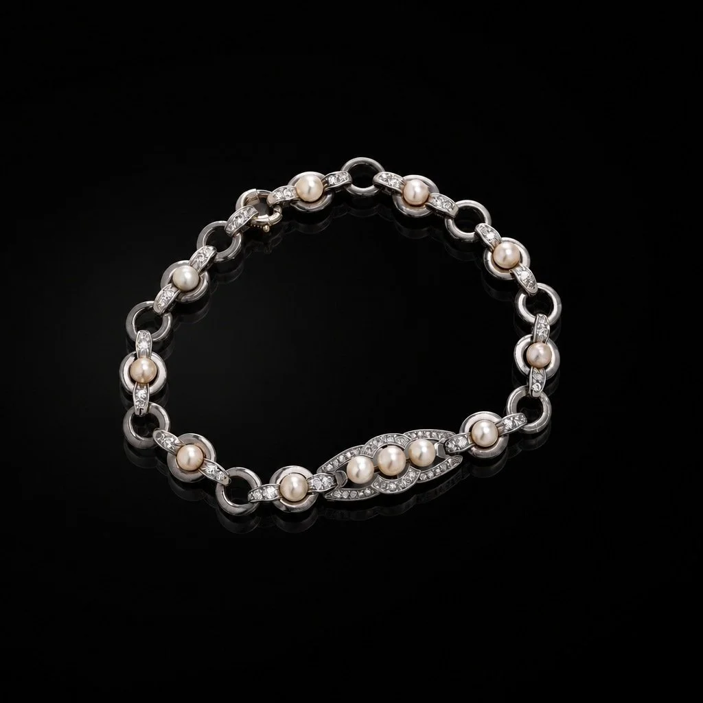 Art Deco 18KT White Gold Diamond and Pearl Bracelet