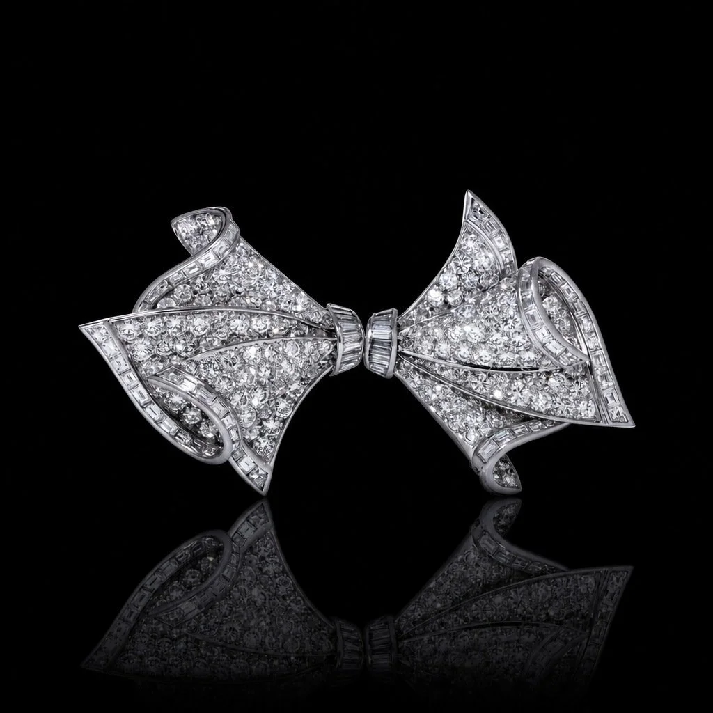 Adler Diamond Double Clip Brooch, 18KT White Gold, Bow Design