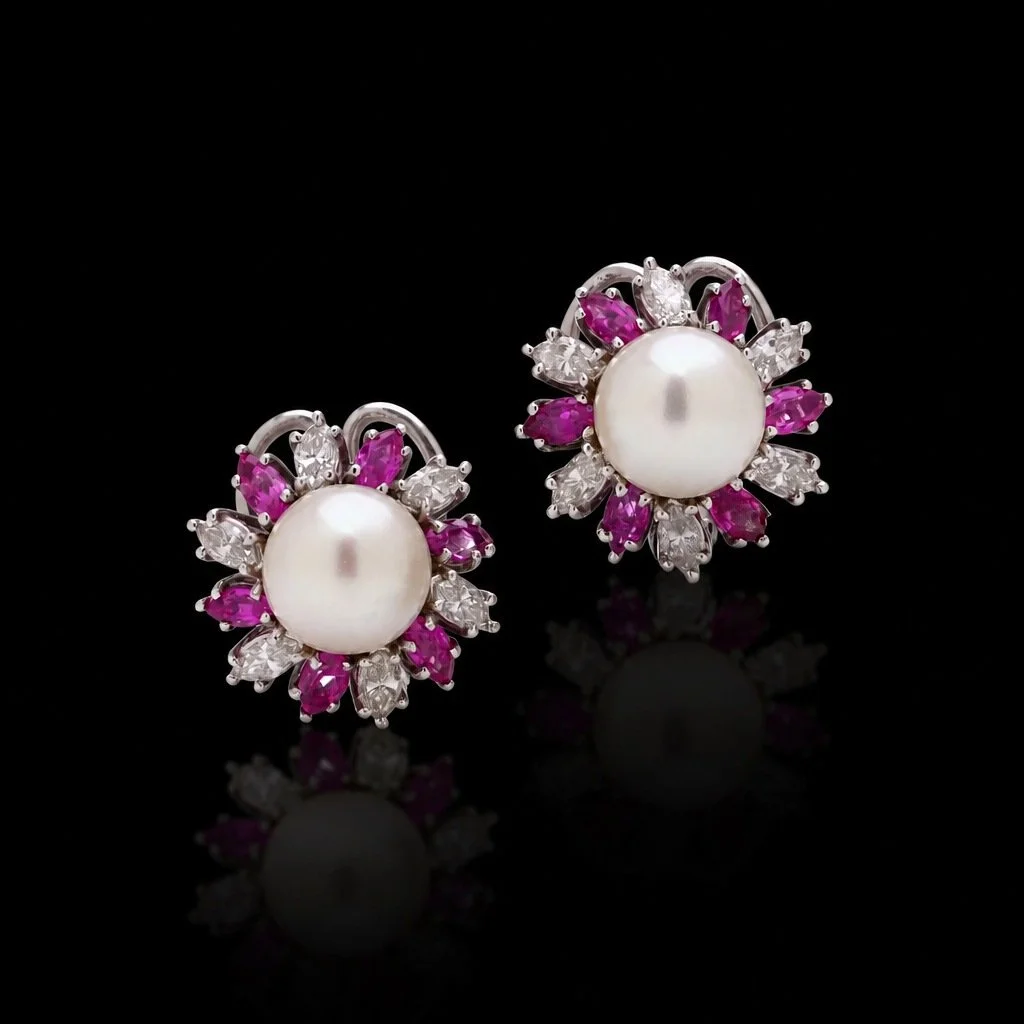 18KT White Gold South Sea Pearl, Diamond & Pink Sapphire Earrings