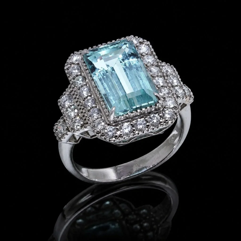 Vintage Aquamarine and Diamond Cluster Ring, 18KT White Gold, 1970s