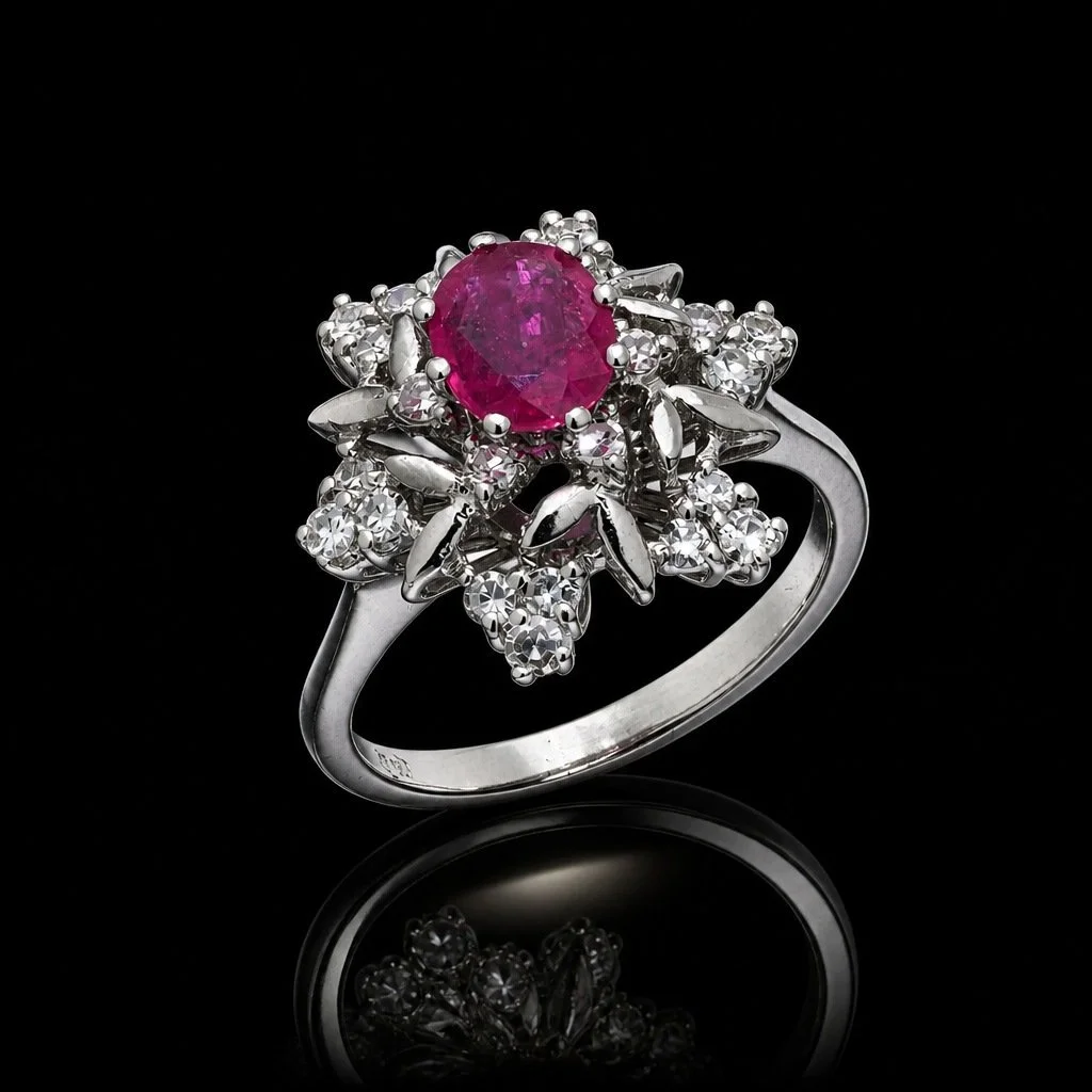 Vintage 18KT White Gold Ruby and Diamond Cluster Ring
