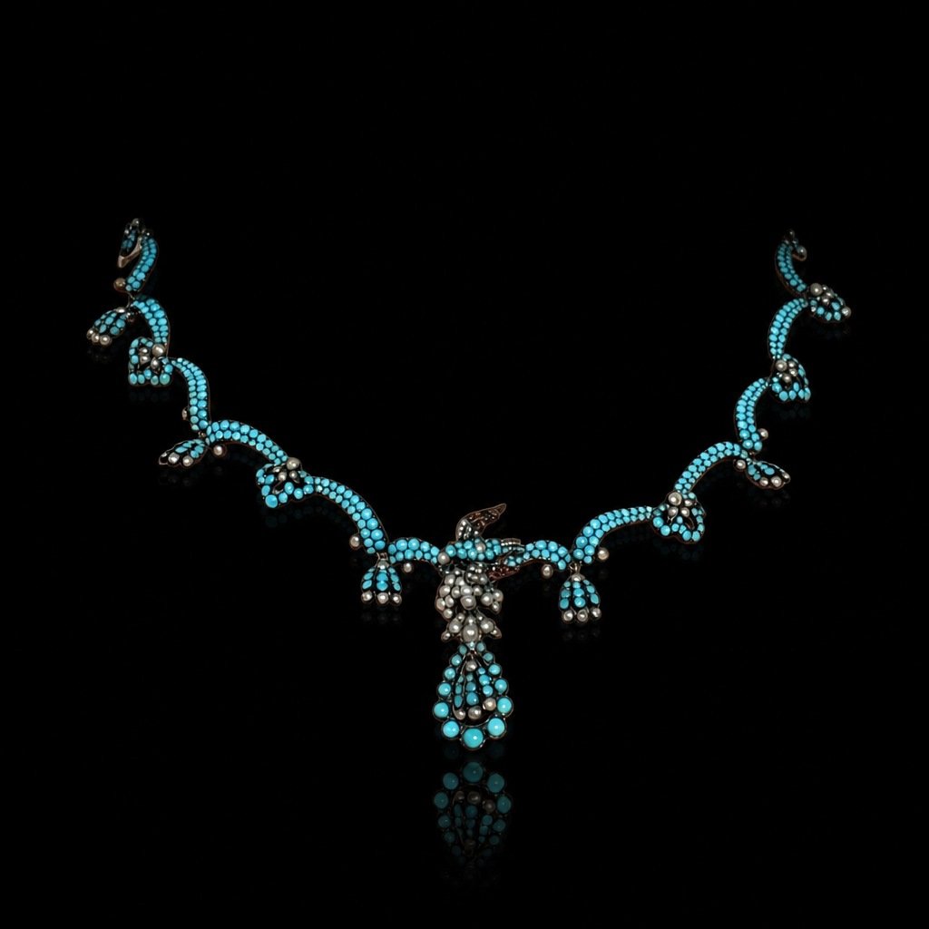 Victorian Natural Turquoise & Pearl Necklace, Circa 1860