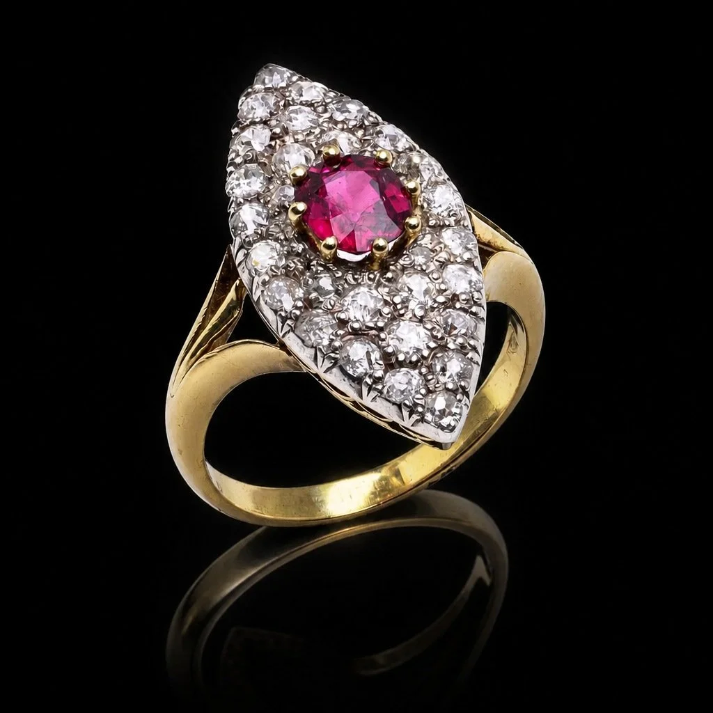 Victorian 18KT Gold Marquise Ruby & Diamond Cluster Ring