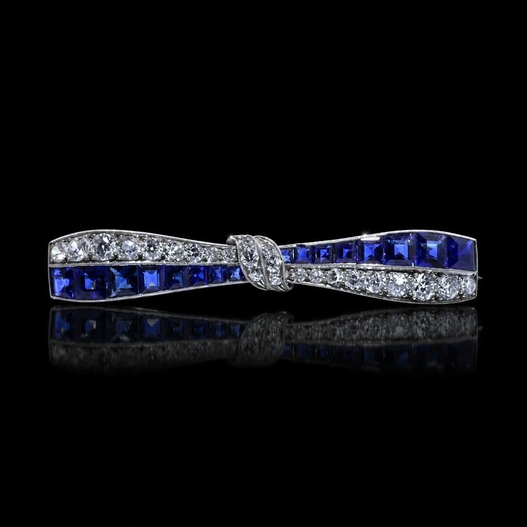 Art Deco Platinum Sapphire & Diamond Bow Brooch, c1920