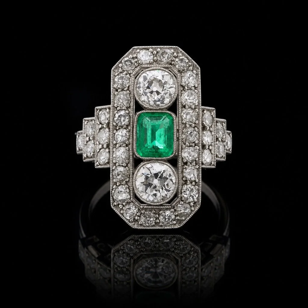 Art Deco Platinum & 18KT Gold Ring with Colombian Emerald and Old Cut Diamonds