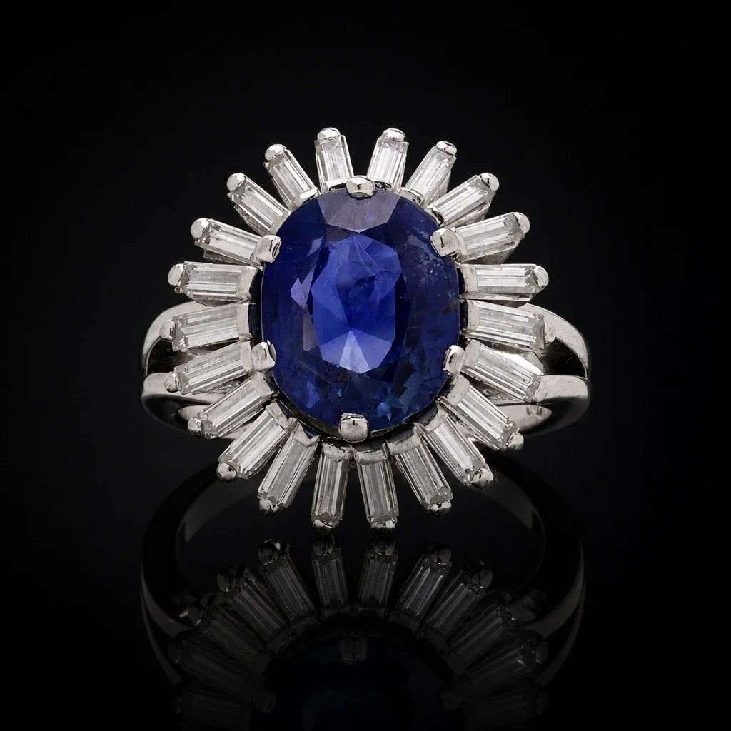 Art Deco style 18KT White Gold 2.30 ct. Sapphire and Diamond Cluster Ring