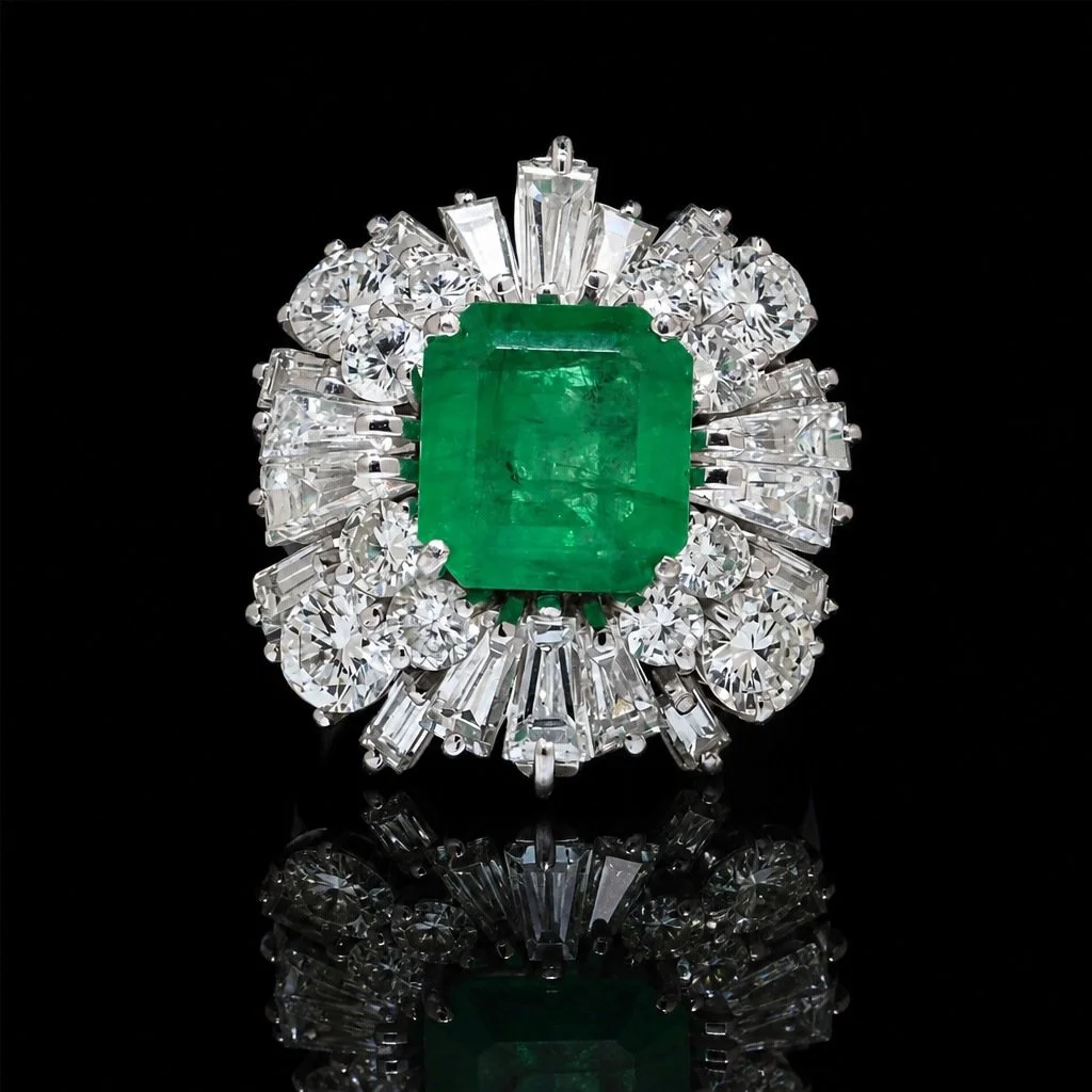 18KT White Gold Colombian Emerald & Diamond Cluster Ring