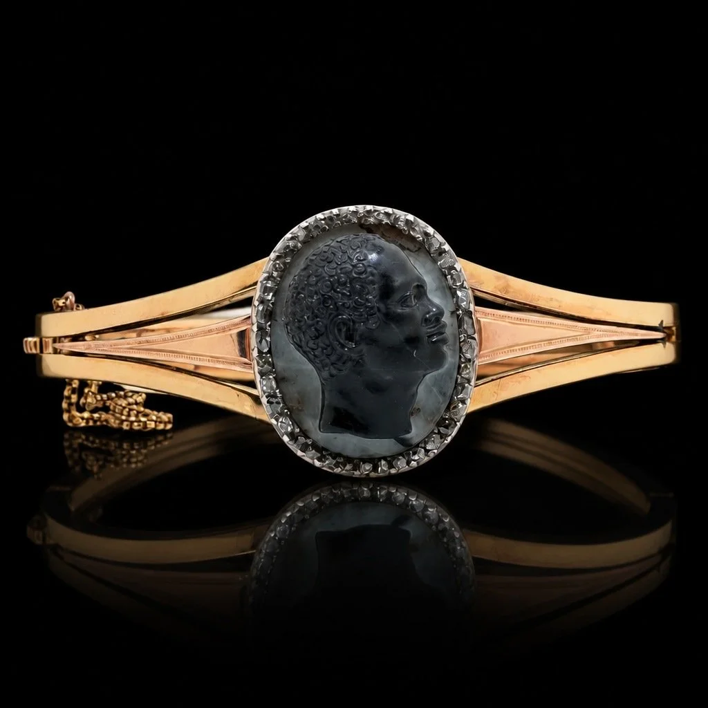 Victorian 18KT Gold Agate Cameo & Rose Cut Diamond Bangle Bracelet