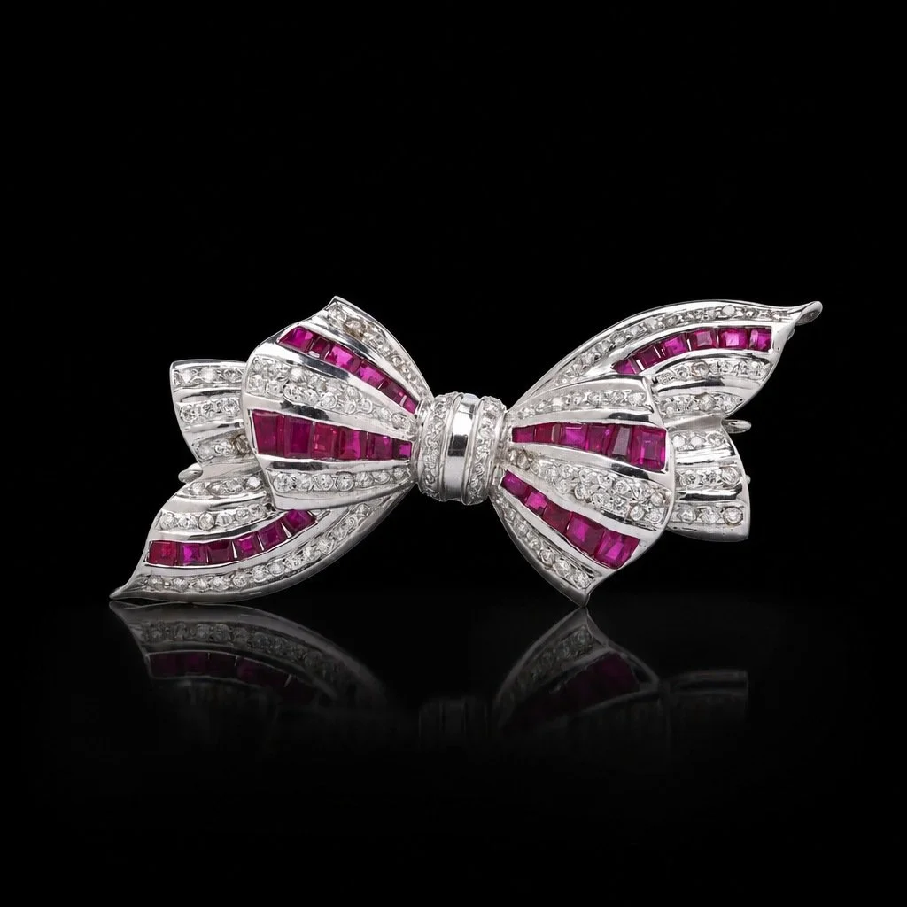 Ruby and Diamond Bow Brooch, 18KT White Gold, Natural Rubies