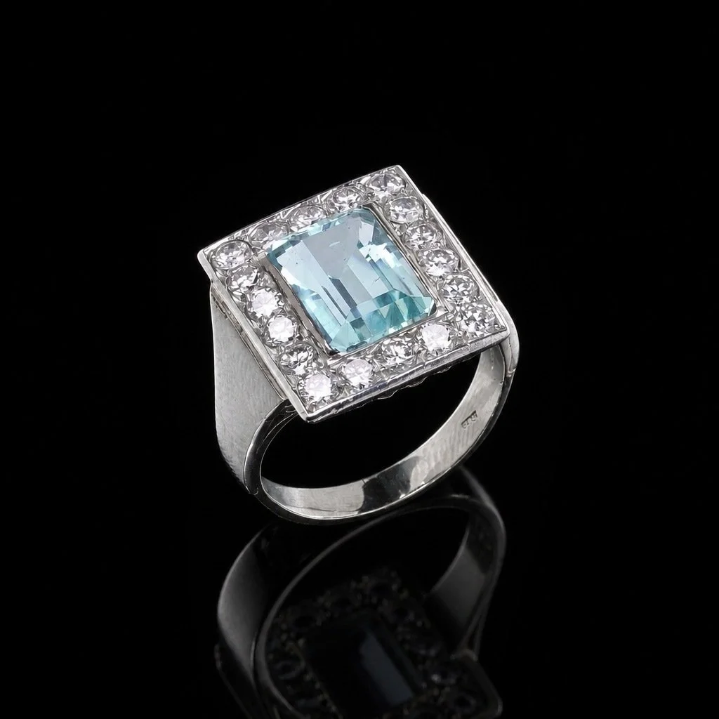 Vintage Aquamarine and Diamond Cluster Ring, 14KT White Gold, 3.00 ct