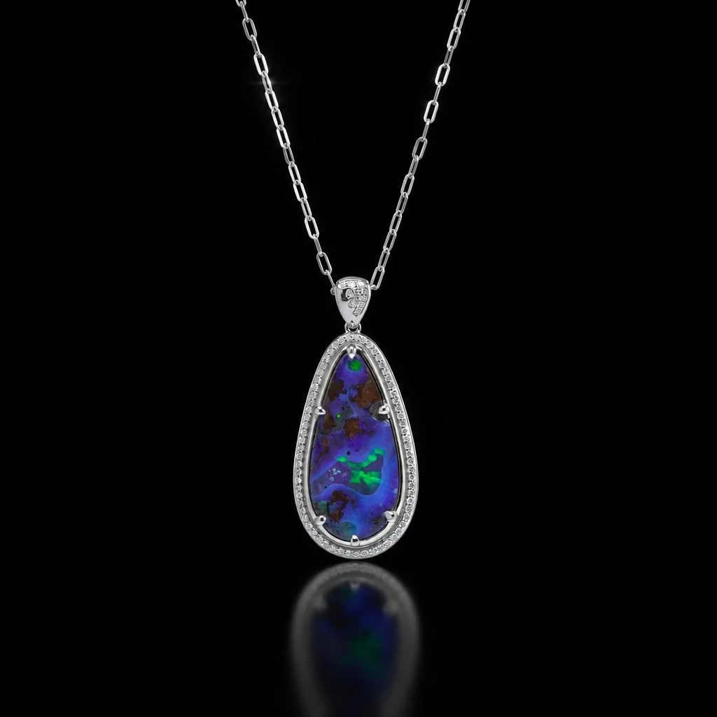 Opal and Diamond Pendant Necklace, Platinum, 16.17 ct Natural Opal