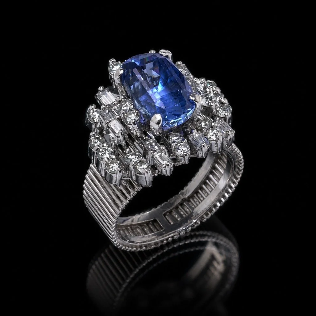 18KT White Gold 3KT Ceylon Sapphire and Diamond Cluster Ring
