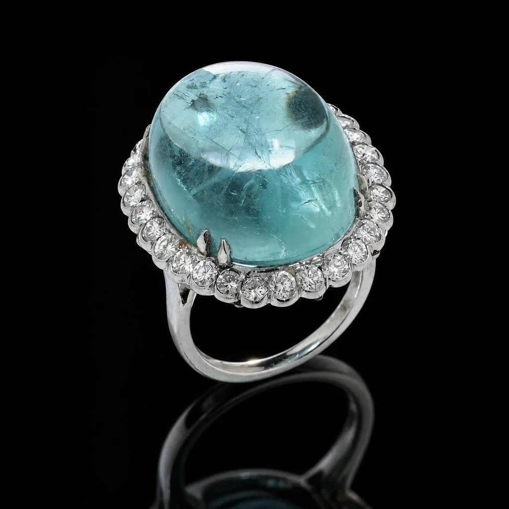Vintage Platinum Cabochon Aquamarine and Diamond Ring