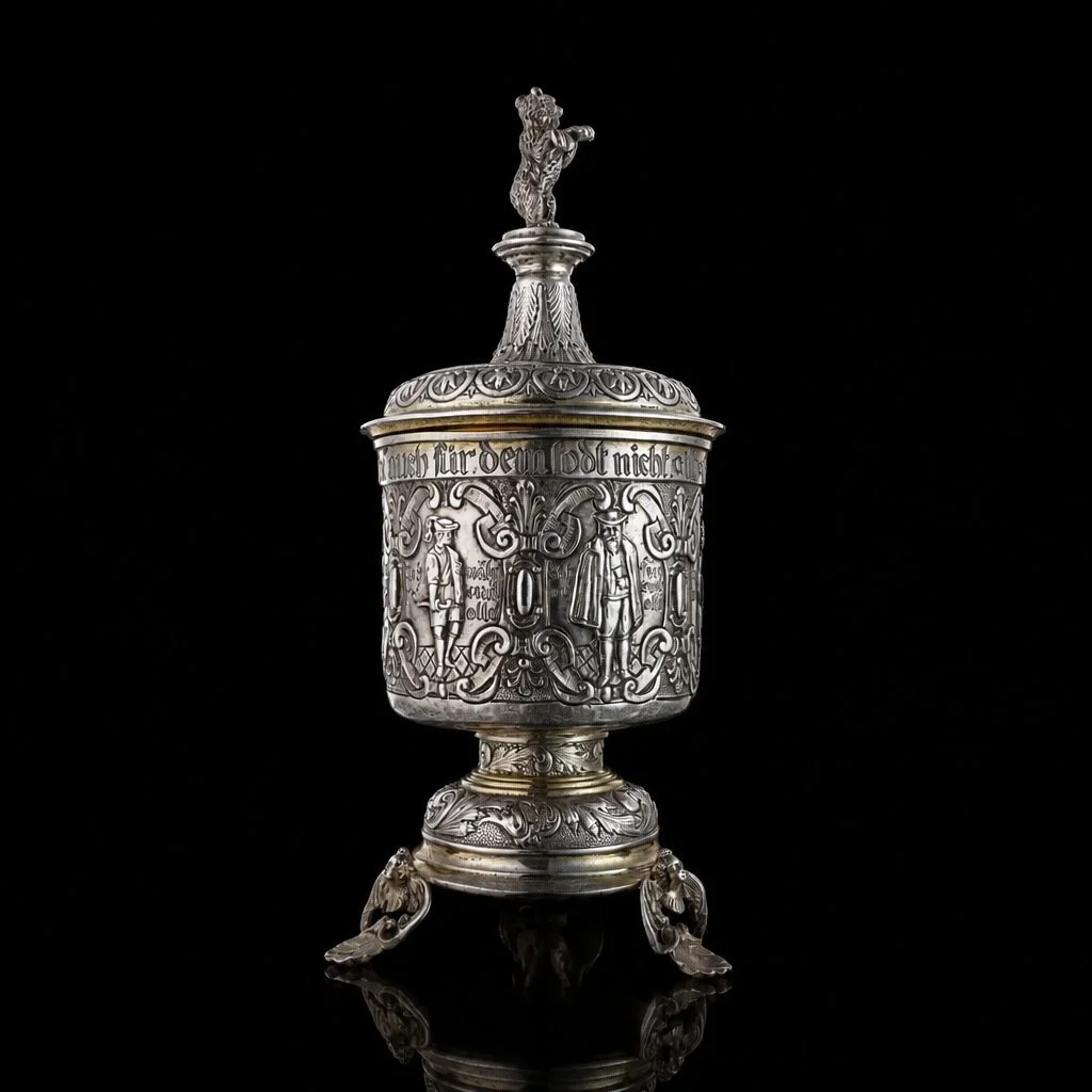 German Silver Figural Covered Cup with Bear Finial, 19th century